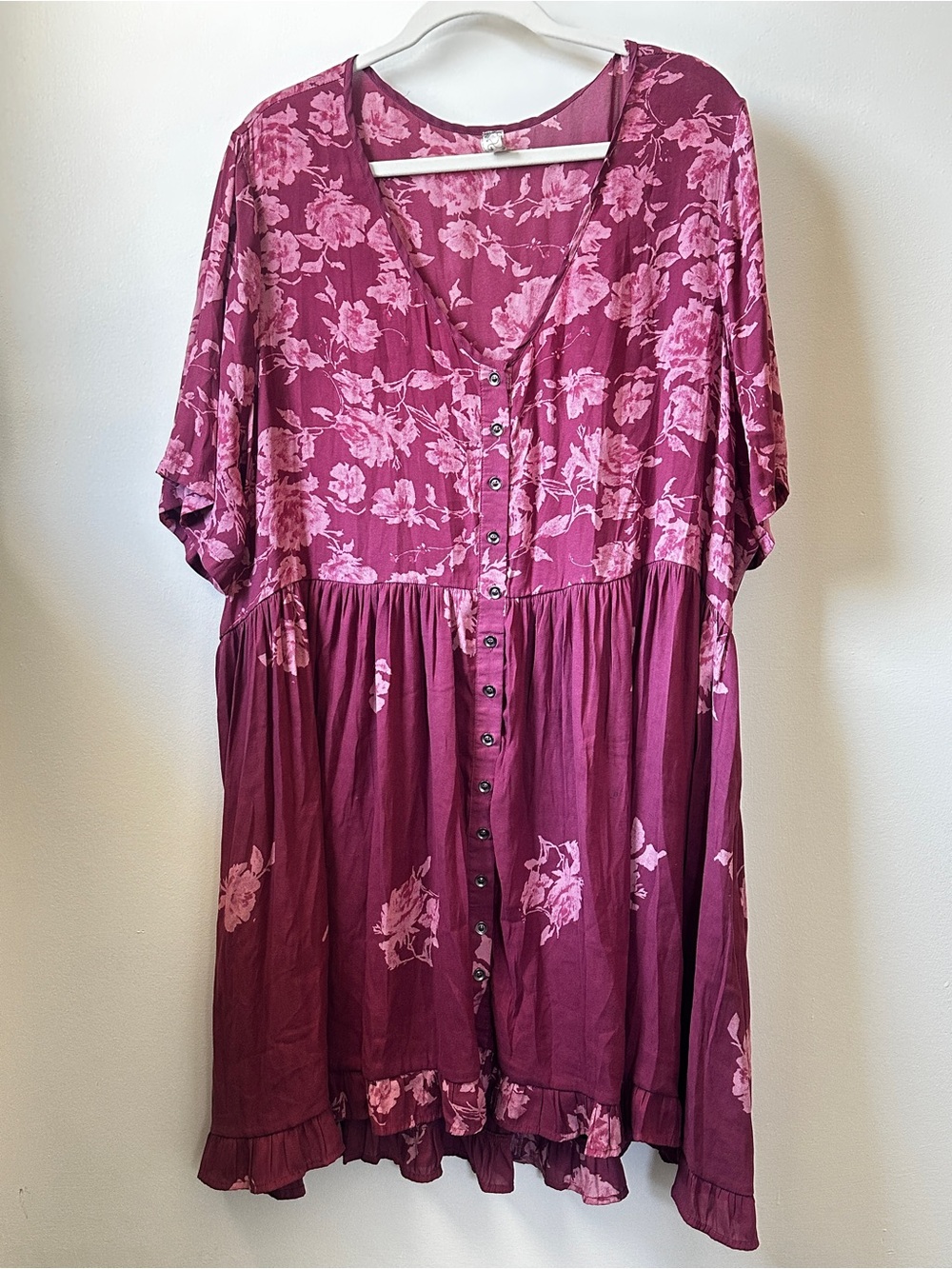 Free People Berry Pink Floral High-Low Button Front Dress